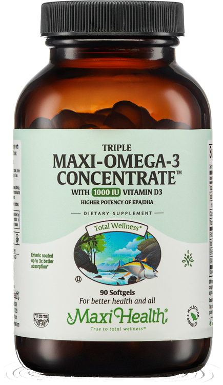 Maxi Health Kosher Triple Maxi Omega-3 Concentrate™ Fish Oil EPA/DHA with Vitamin  D3 1000 IU 90 Softgels - Koshervitamins.com