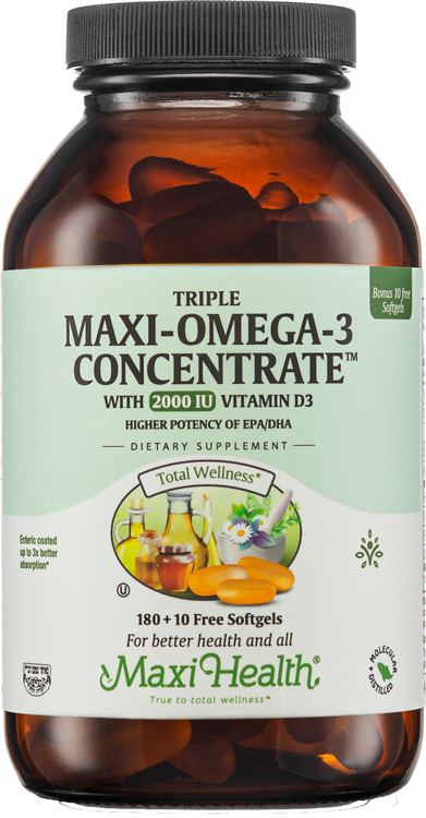 Maxi Health Kosher Triple Maxi Omega-3 Concentrate Fish Oil with Vitamin D3  2000 IU 180 Softgels - Koshervitamins.com