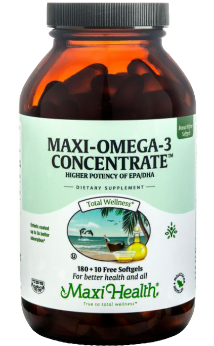 Maxi Health Kosher Maxi Omega-3 Concentrate™ Fish Oil EPA/DHA 180 Softgels  - Koshervitamins.com